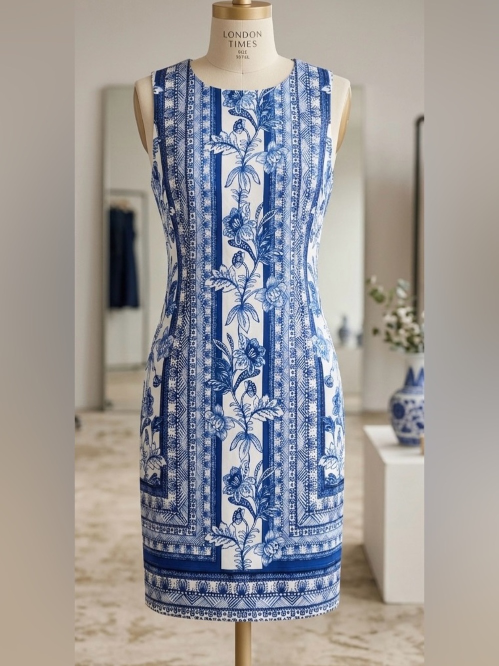 London Times White and Blue Floral Sleeveless Shift Dress